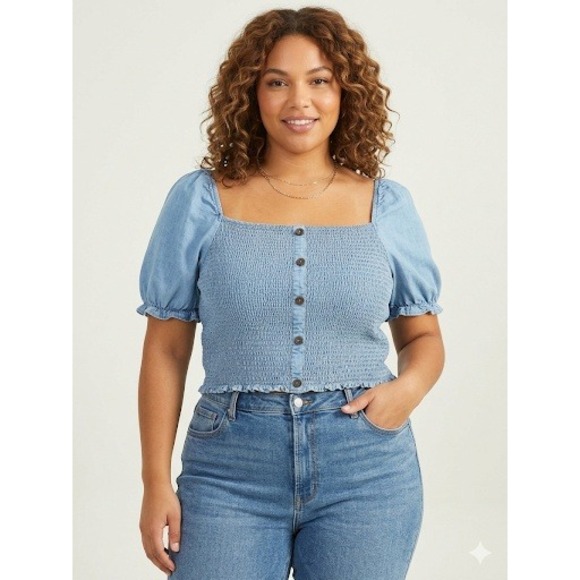 Love Tree Tops - Love Tree Women's 3X Blue Chambray Crop Top Smocked Sweetheart Tencel NWT